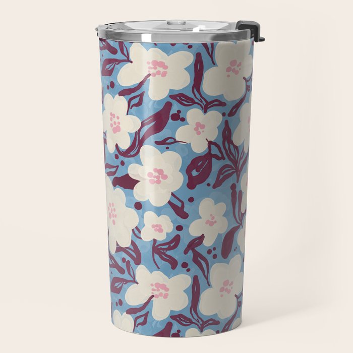 Cream Burgundy Blue Floral  Travel Mug Gallery Image 2