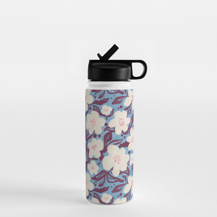 Cream Burgundy Blue Floral  Water Bottle Gallery Image 1