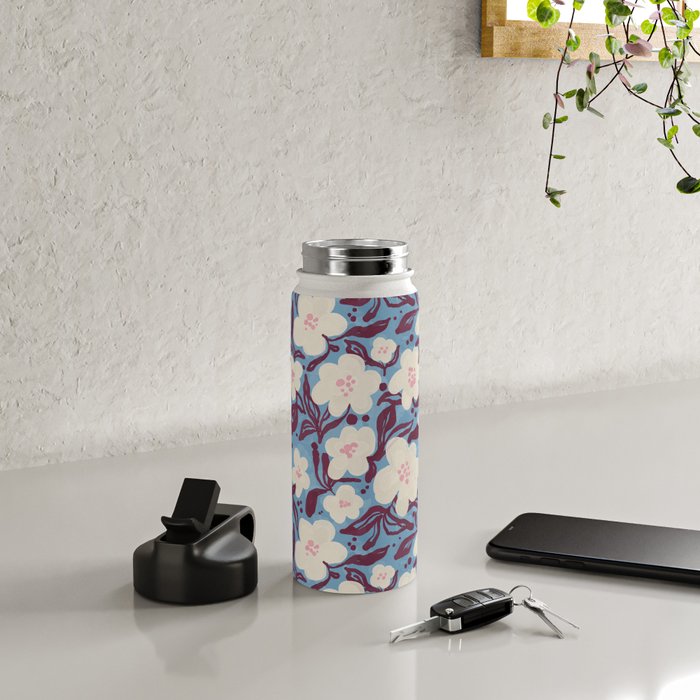Cream Burgundy Blue Floral  Water Bottle Gallery Image 4