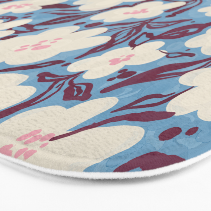 Cream Burgundy Blue Floral  Bath Mat Gallery Image 3