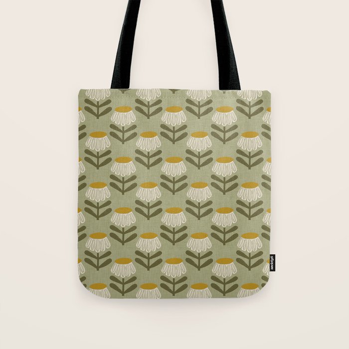 Retro Floral Sage - Mid Century Modern Daisy Tote Bag Gallery Image 1