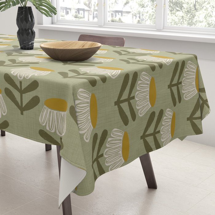 Retro Floral Sage - Mid Century Modern Daisy Tablecloth Gallery Image 3