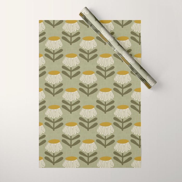 Retro Floral Sage - Mid Century Modern Daisy Wrapping Paper Gallery Image 1