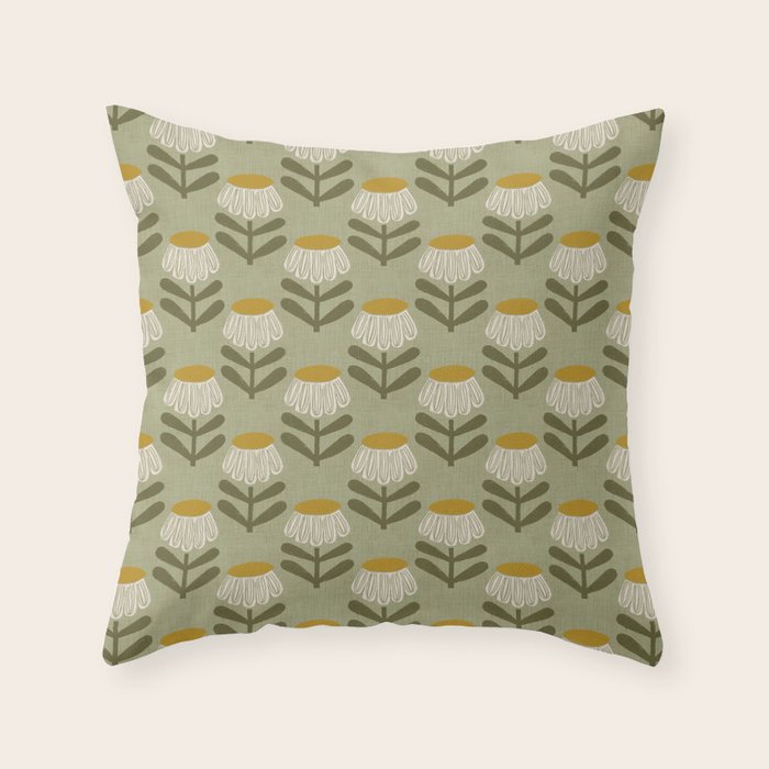 Retro Floral Sage - Mid Century Modern Daisy Throw Pillow Gallery Image 6