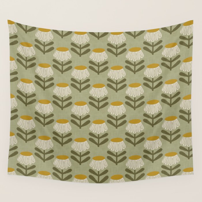 Retro Floral Sage - Mid Century Modern Daisy Wall Tapestry Gallery Image 1