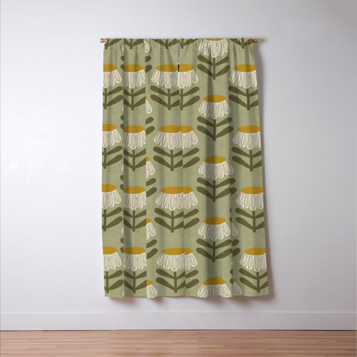 Retro Floral Sage - Mid Century Modern Daisy Window Curtain Gallery Image 3
