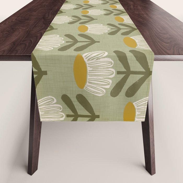 Retro Floral Sage - Mid Century Modern Daisy Table Runner Gallery Image 1
