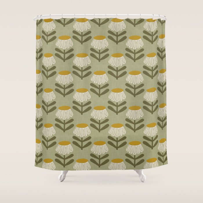 Retro Floral Sage - Mid Century Modern Daisy Shower Curtain Gallery Image 1