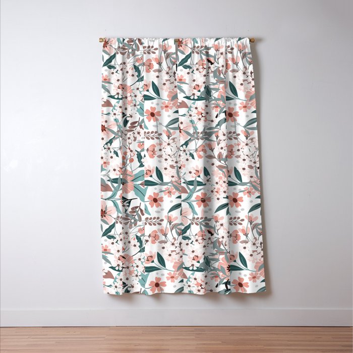 Spring Wildflowers, Floral Prints, Soft Pink and Teal Window Curtain Gallery Image 3