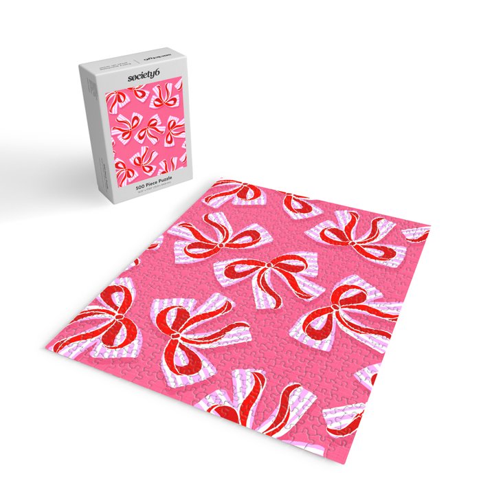 Ditsy Kitsch Ribbons and bows 2. Watermelon Pink and Red Jigsaw Puzzle Gallery Image 2