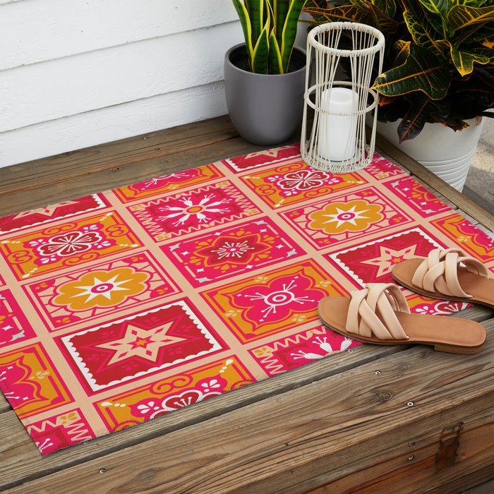Talavera Mexican Tile - Hot Pink & Orange Palette Outdoor Rug Gallery Image 2