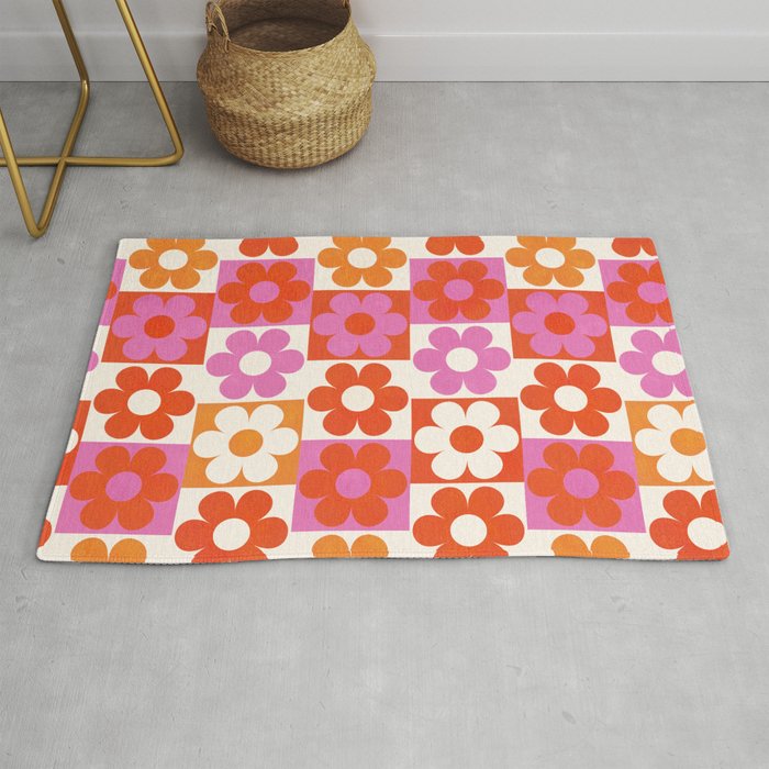 Pink and Orange Retro Daisies Rug Gallery Image 1