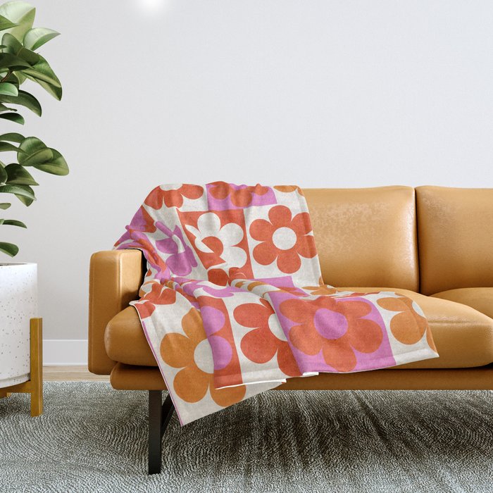 Pink and Orange Retro Daisies Throw Blanket Gallery Image 1