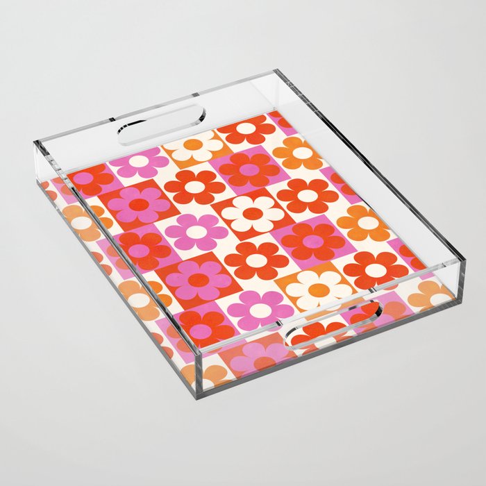 Pink and Orange Retro Daisies Acrylic Tray Gallery Image 1