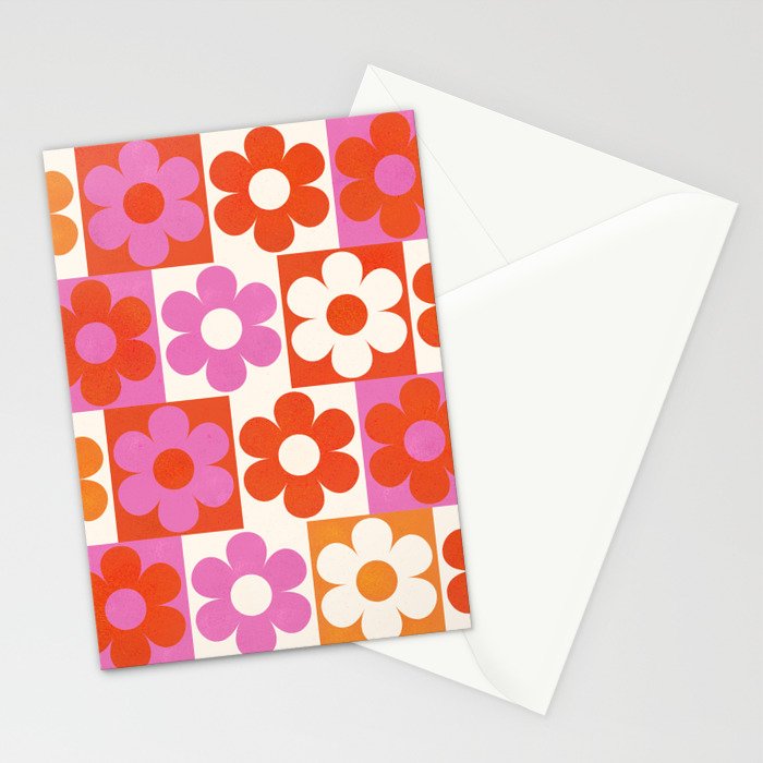 Pink and Orange Retro Daisies Stationery Card Gallery Image 2