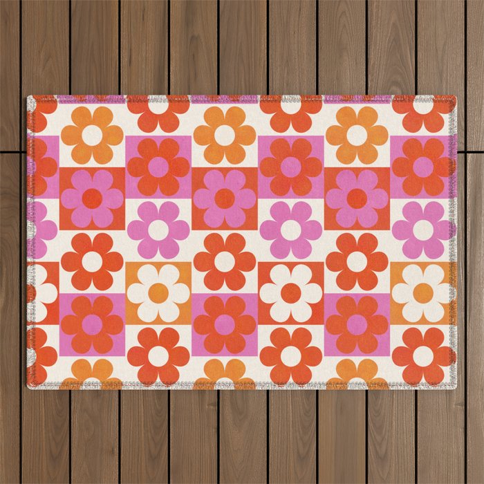 Pink and Orange Retro Daisies Outdoor Rug Gallery Image 1