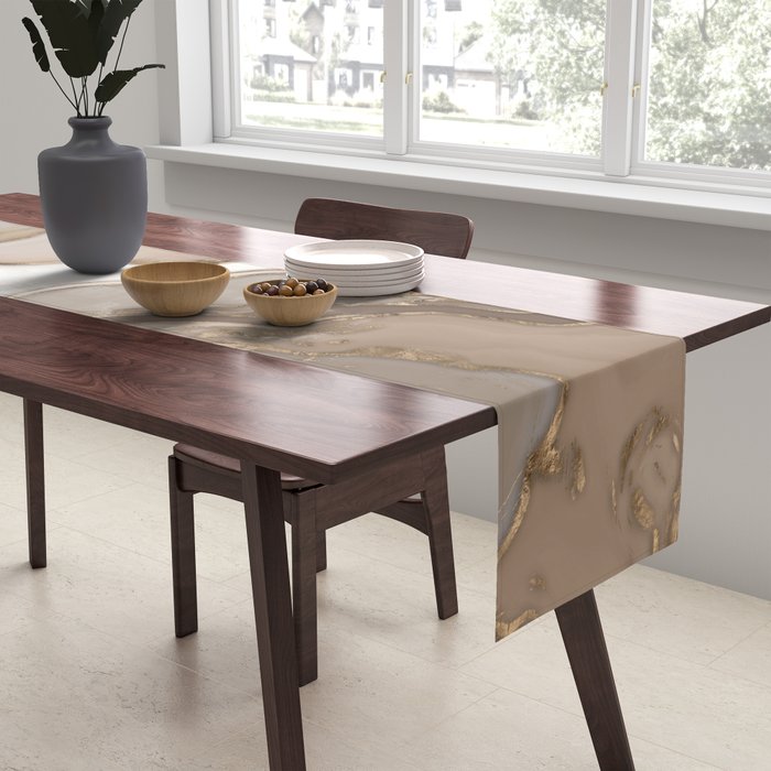 Taupe marble and gold abstract Table Runner Gallery Image 2