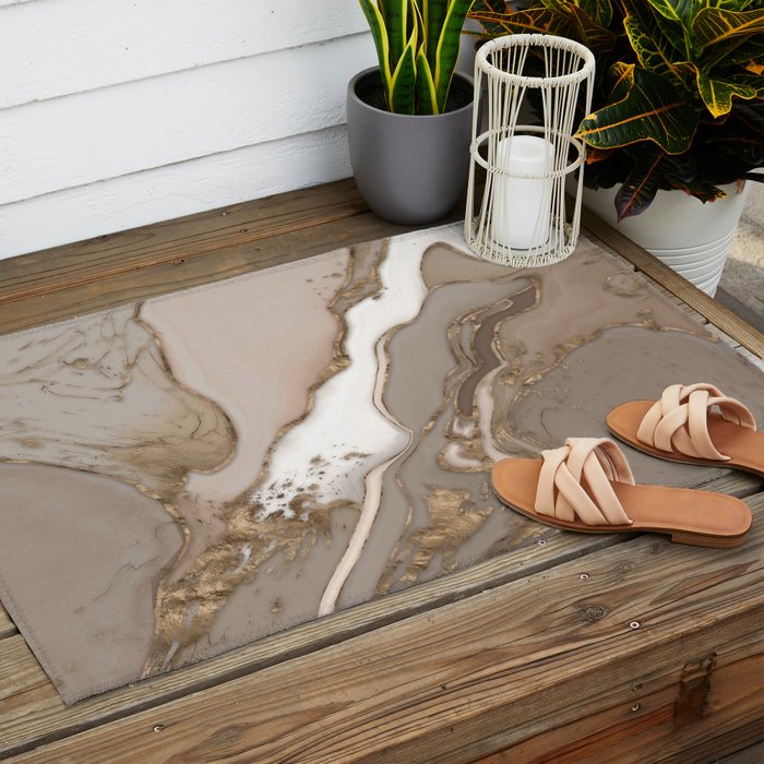 Taupe marble and gold abstract Outdoor Rug Gallery Image 2