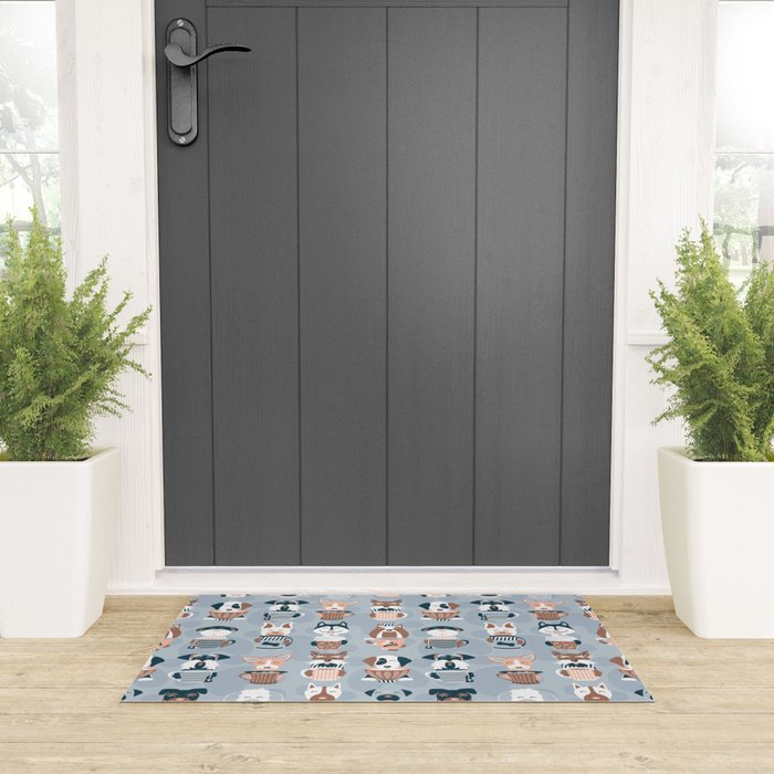 Doggie Coffee and Tea Time I // blue grey Welcome Mat Gallery Image 3