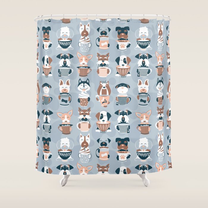 Doggie Coffee and Tea Time I // blue grey Shower Curtain Gallery Image 1