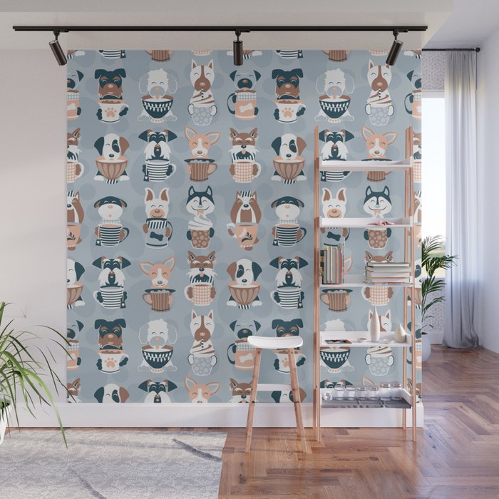 Doggie Coffee and Tea Time I // blue grey Wall Mural Gallery Image 1