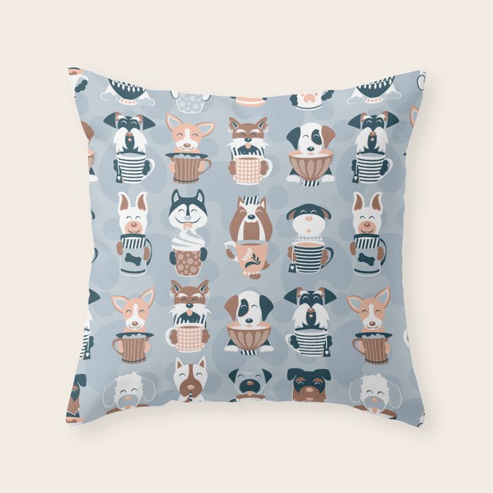 Doggie Coffee and Tea Time I // blue grey Throw Pillow Gallery Image 6