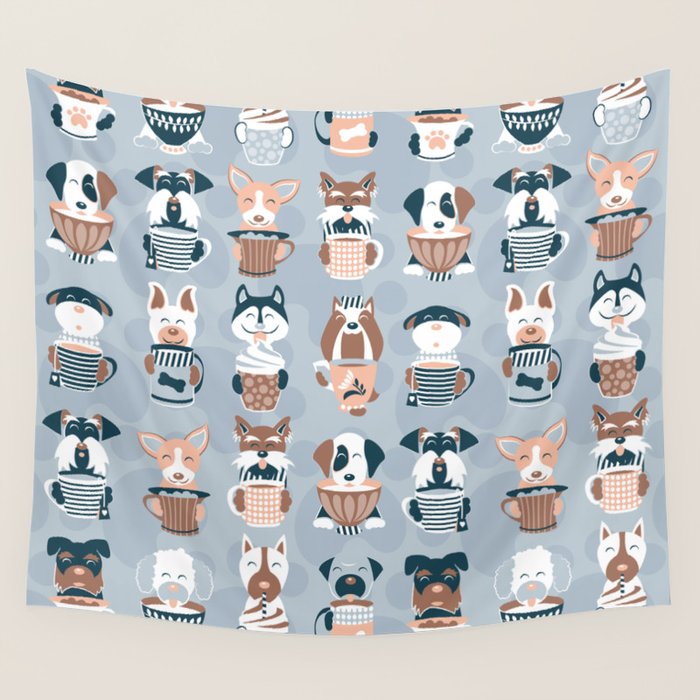 Doggie Coffee and Tea Time I // blue grey Wall Tapestry Gallery Image 1