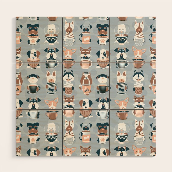 Doggie Coffee and Tea Time I // blue grey Wood Wall Art Gallery Image 1