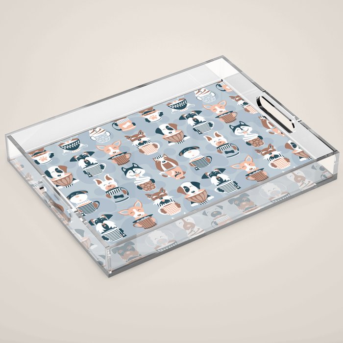 Doggie Coffee and Tea Time I // blue grey Acrylic Tray Gallery Image 1