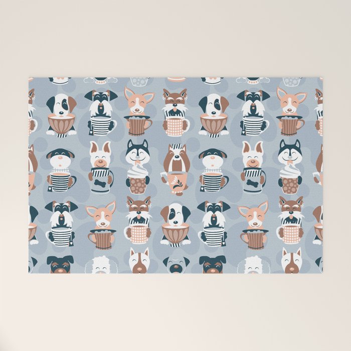 Doggie Coffee and Tea Time I // blue grey Welcome Mat Gallery Image 1