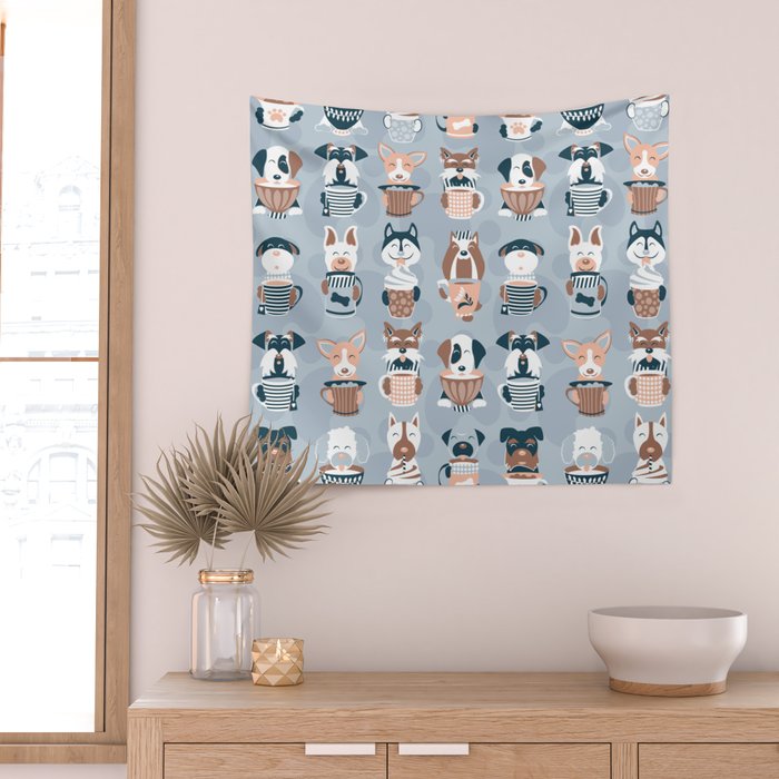 Doggie Coffee and Tea Time I // blue grey Wall Tapestry Gallery Image 2