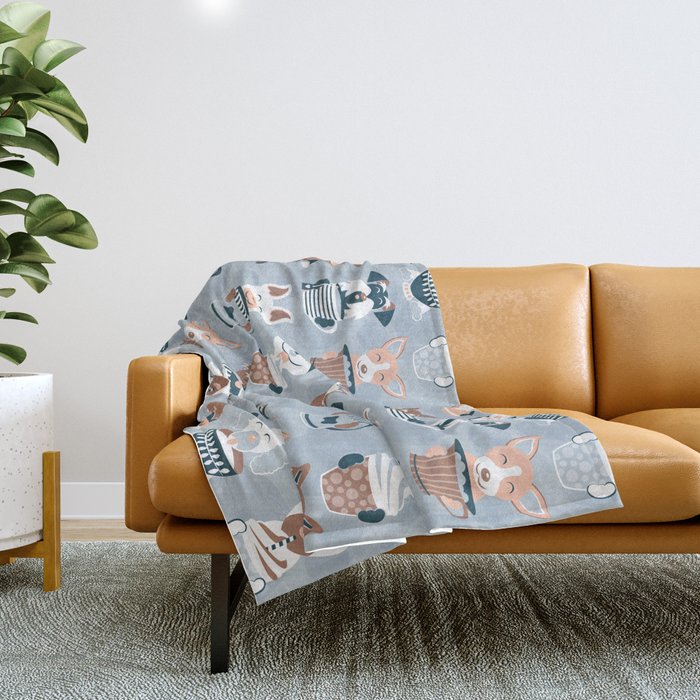 Doggie Coffee and Tea Time I // blue grey Throw Blanket Gallery Image 1