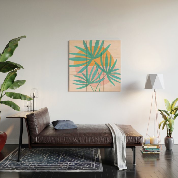Teal and Pink Retro Sunset Palms Wood Wall Art Gallery Image 2