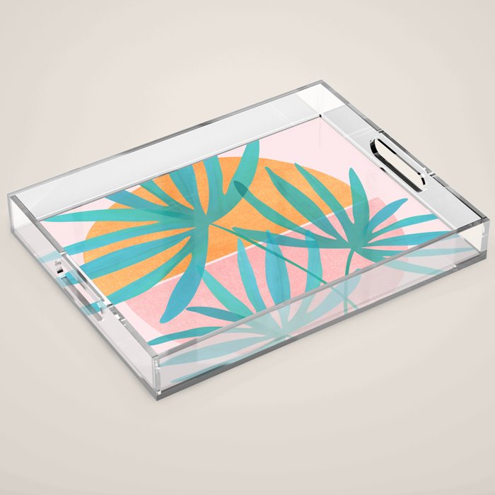 Teal and Pink Retro Sunset Palms Acrylic Tray Gallery Image 1