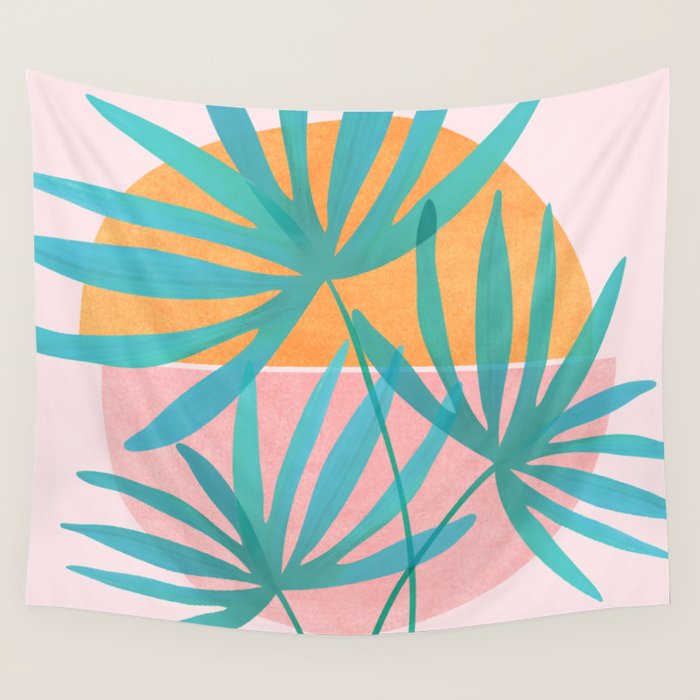 Teal and Pink Retro Sunset Palms Wall Tapestry Gallery Image 1
