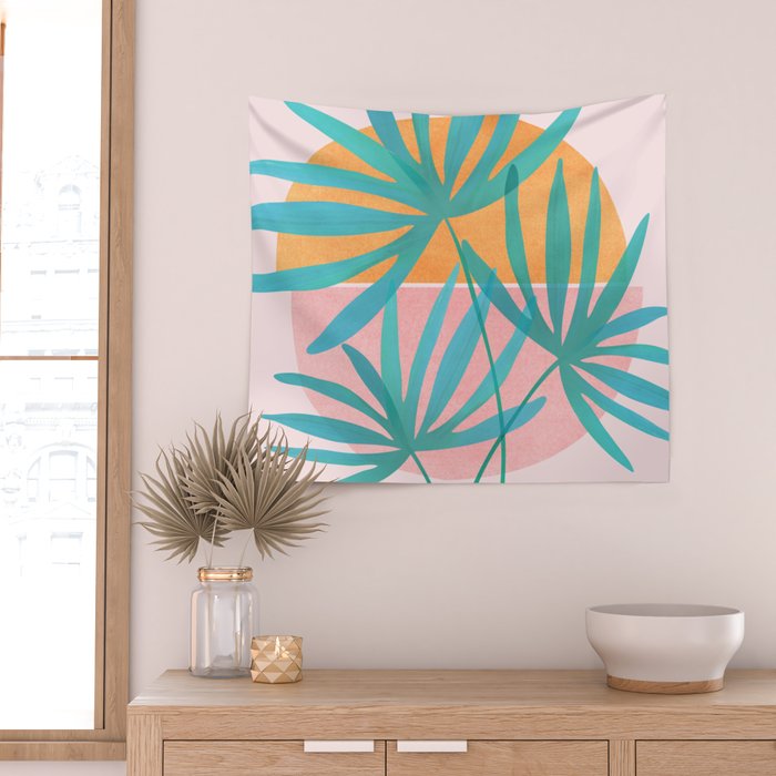 Teal and Pink Retro Sunset Palms Wall Tapestry Gallery Image 2
