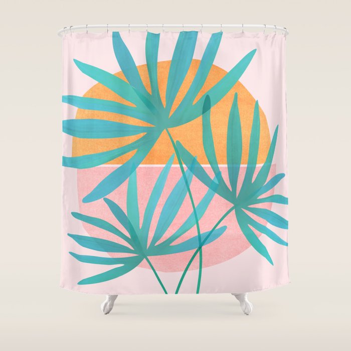 Teal and Pink Retro Sunset Palms Shower Curtain Gallery Image 1