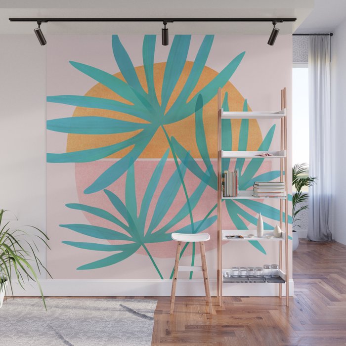 Teal and Pink Retro Sunset Palms Wall Mural Gallery Image 1