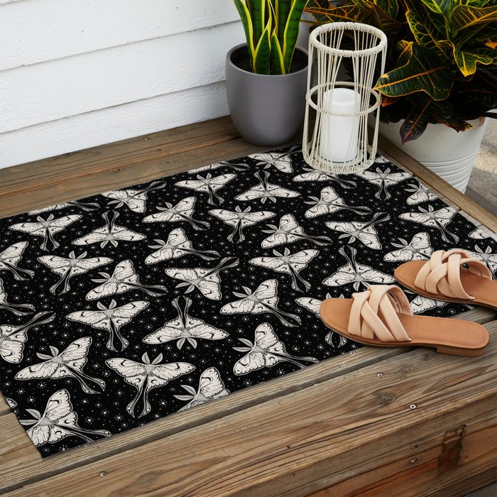 Luna Moth In Black and White Outdoor Rug Gallery Image 2