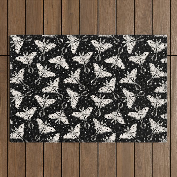 Luna Moth In Black and White Outdoor Rug Gallery Image 1