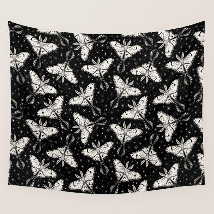 Luna Moth In Black and White Wall Tapestry Gallery Image 4