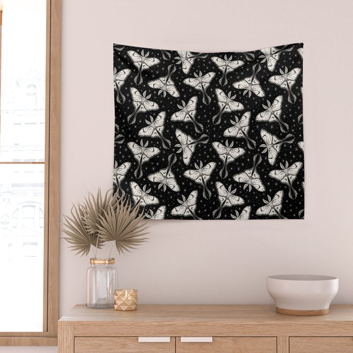 Luna Moth In Black and White Wall Tapestry Gallery Image 2