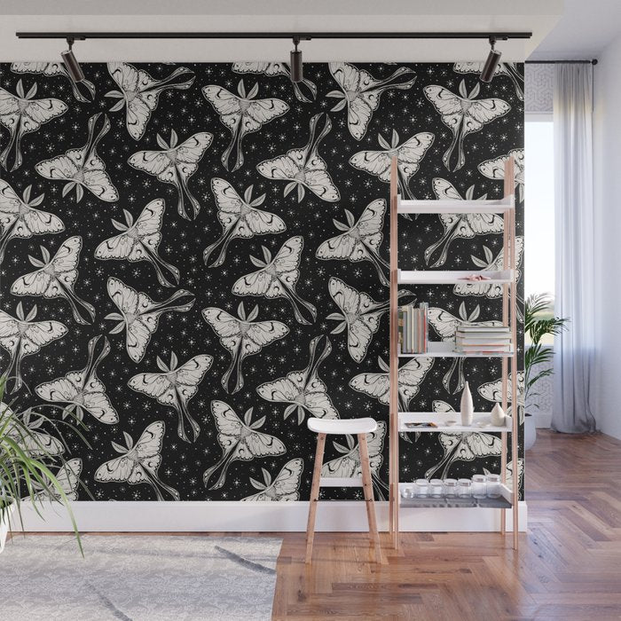 Luna Moth In Black and White Wall Mural Gallery Image 1