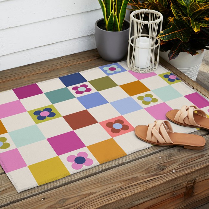 Check mate - retro floral Outdoor Rug Gallery Image 2