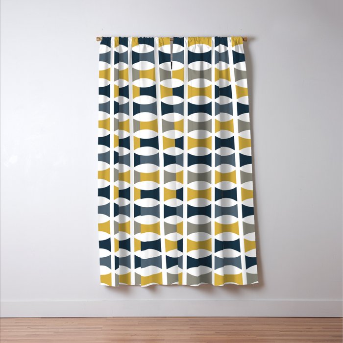 Mid Century Modern Geometric Pattern Navy Blue, Mustard Yellow, Gray Window Curtain Gallery Image 3