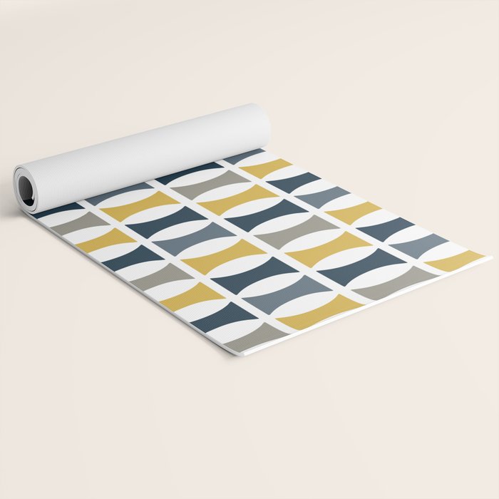 Mid Century Modern Geometric Pattern Navy Blue, Mustard Yellow, Gray Yoga Mat Gallery Image 2