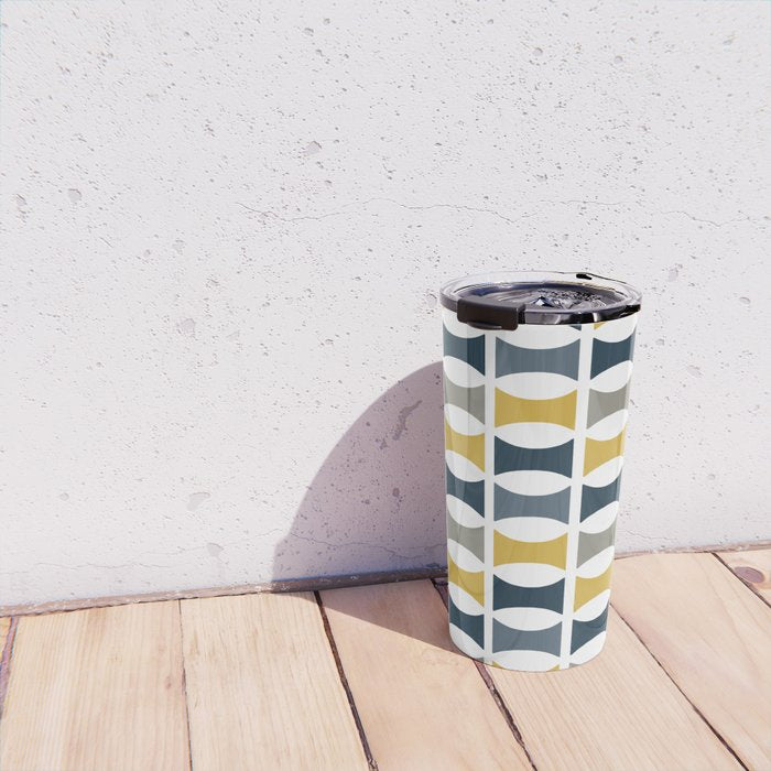 Mid Century Modern Geometric Pattern Navy Blue, Mustard Yellow, Gray Travel Mug Gallery Image 4