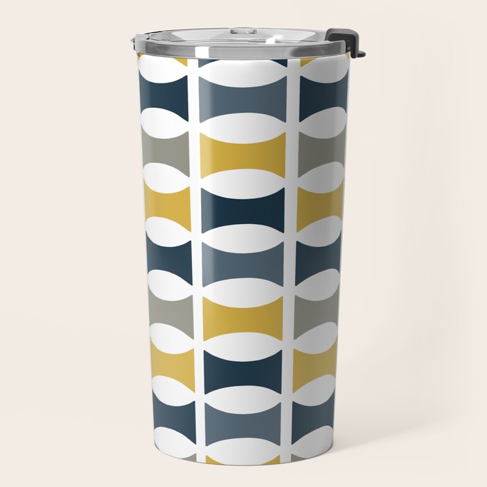 Mid Century Modern Geometric Pattern Navy Blue, Mustard Yellow, Gray Travel Mug Gallery Image 2