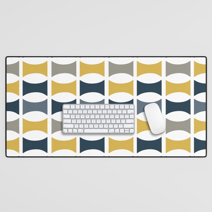 Mid Century Modern Geometric Pattern Navy Blue, Mustard Yellow, Gray Desk Mat Gallery Image 1