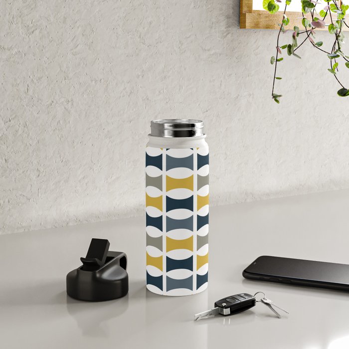 Mid Century Modern Geometric Pattern Navy Blue, Mustard Yellow, Gray Water Bottle Gallery Image 4